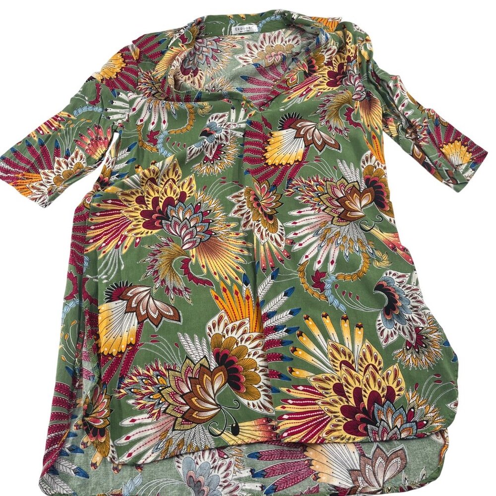 Ekouaer‎ Floral Print Green Long Sleeve Women's size Small Cover Up Tunic Dress
